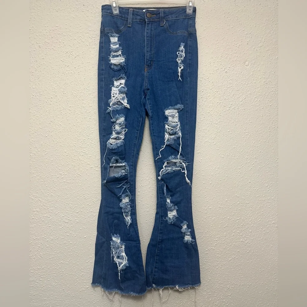 Aphrodite Blue Flare Distressed Jeans - Picture 1 of 6